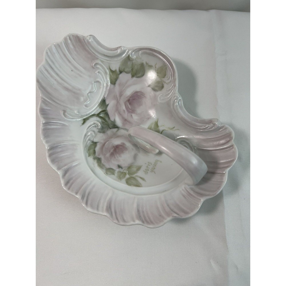 Vtg 1989 Hand Painted Signed 6.5” Porcelain Nappy‎ Dish Pink Flowers With Handle